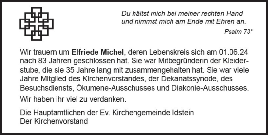 Traueranzeige von Elfriede Michel von Idsteiner Land/Untertaunus