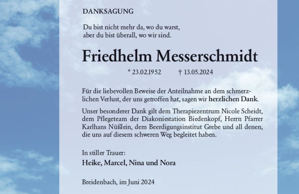  Traueranzeige für Friedhelm Messerschmidt vom 29.06.2024 aus Hinterländer Anzeiger