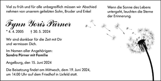 Traueranzeige von Fynn Yoris Pürner von Hinterländer Anzeiger