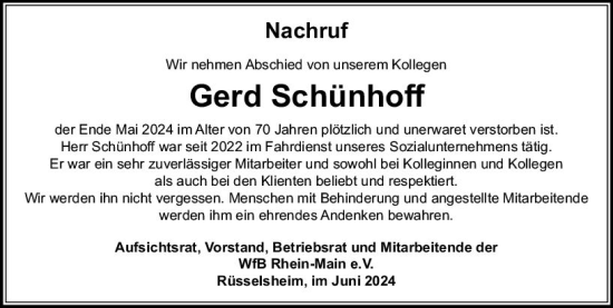 Traueranzeige von Gerd Schünhoff von Rüsselsheimer Echo