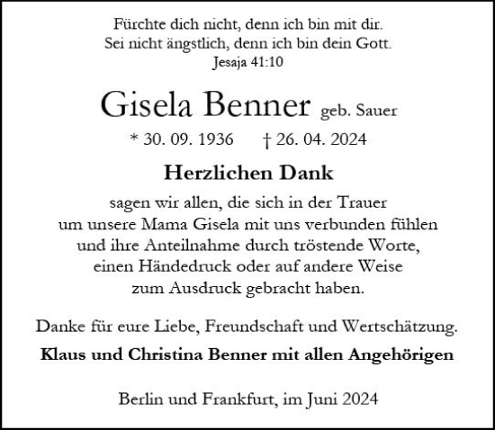Traueranzeige von Gisela Benner von Dill Block