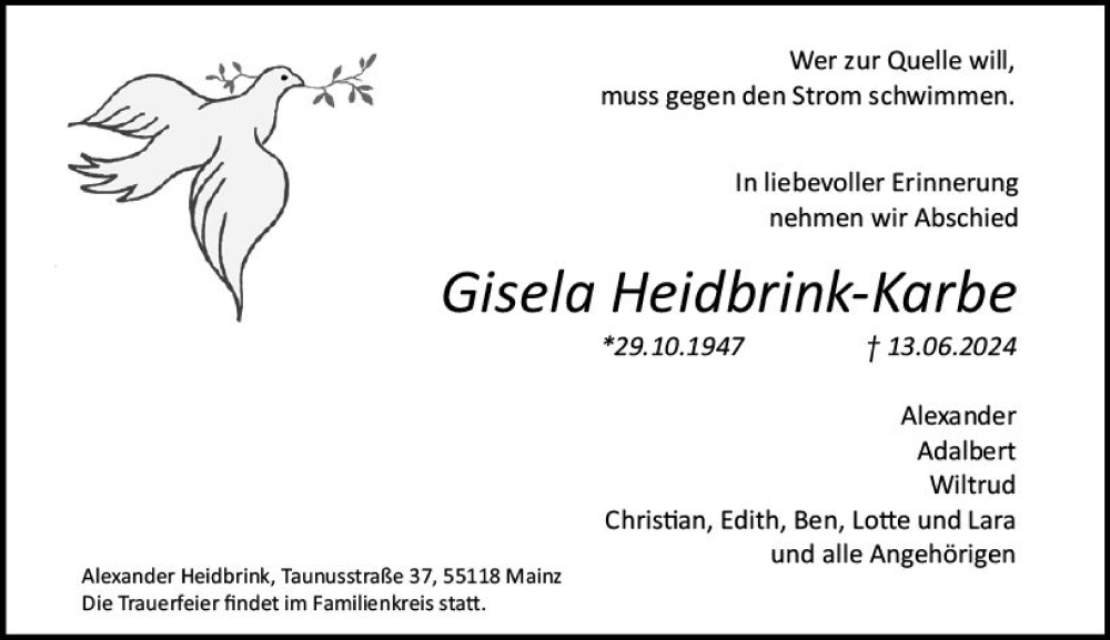  Traueranzeige für Gisela Heidbrink-Karbe vom 22.06.2024 aus Allgemeine Zeitung Mainz