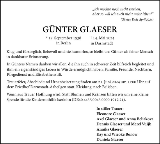 Traueranzeige von Günter Glaeser von Darmstädter Echo