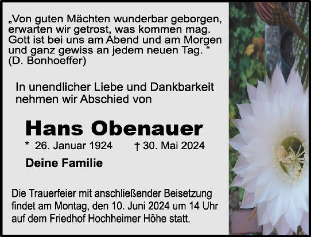  Traueranzeige für Hans Obenauer vom 05.06.2024 aus Wormser Zeitung