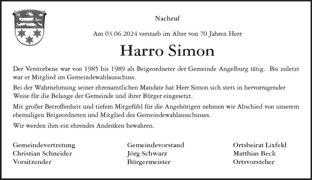  Traueranzeige für Harro Simon vom 13.06.2024 aus Hinterländer Anzeiger