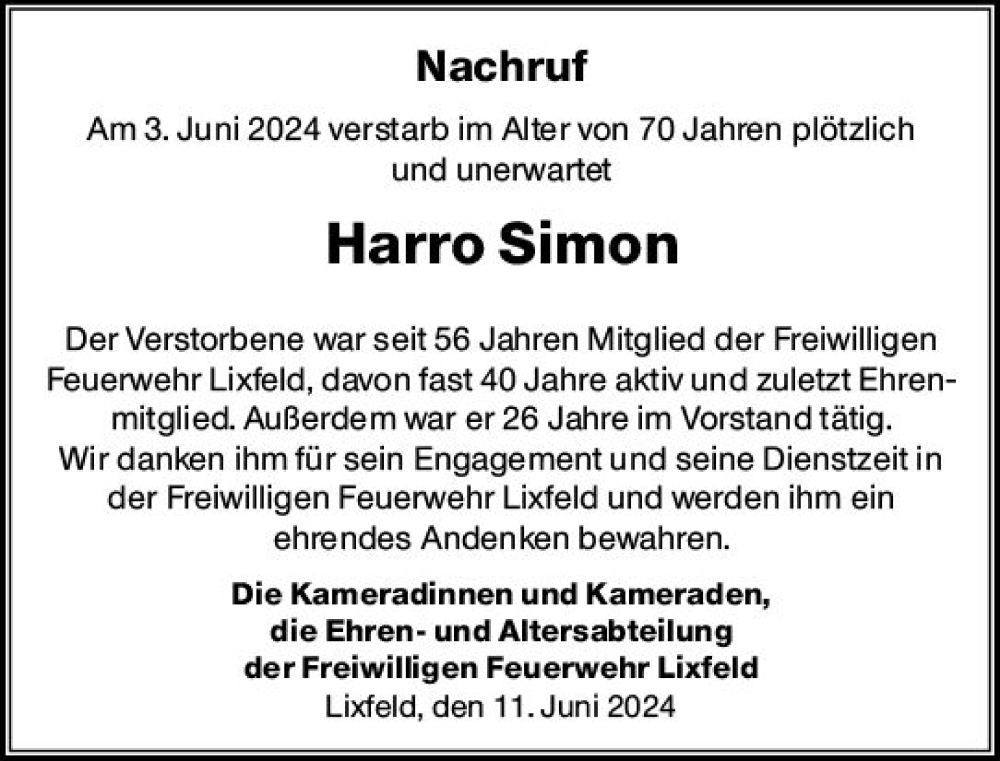  Traueranzeige für Harro Simon vom 11.06.2024 aus Hinterländer Anzeiger