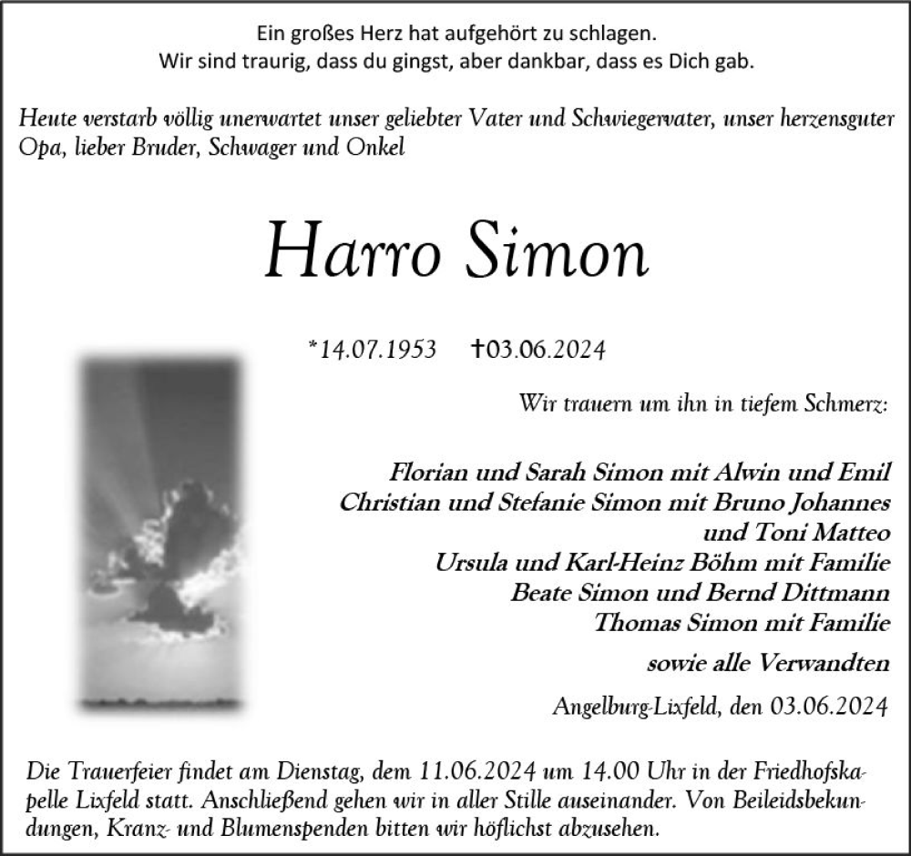  Traueranzeige für Harro Simon vom 07.06.2024 aus Hinterländer Anzeiger