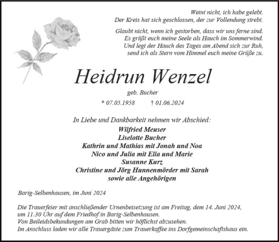 Traueranzeige von Heidrun Wenzel von Weilburger Tageblatt