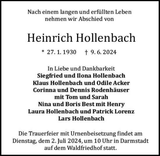 Traueranzeige von Heinrich Hollenbach von Darmstädter Echo