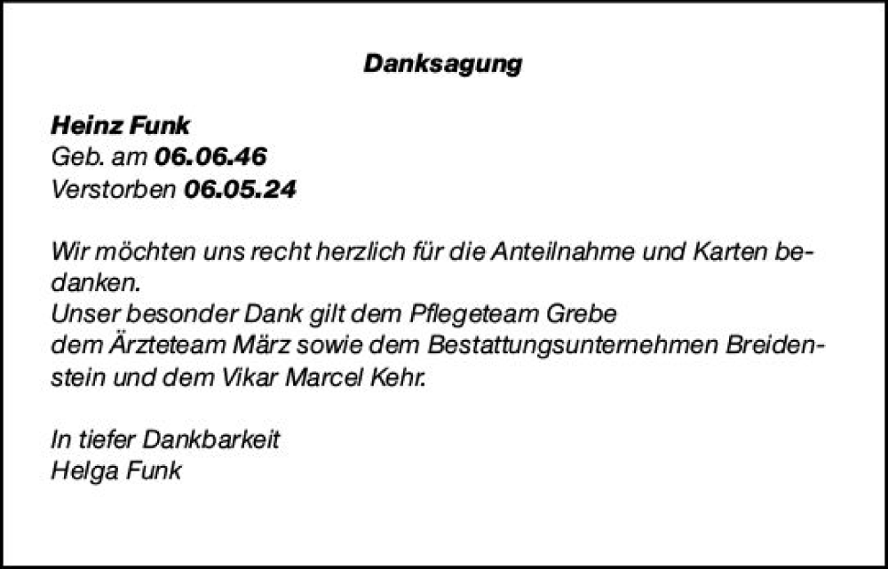  Traueranzeige für Heinz Funk vom 17.06.2024 aus Hinterländer Anzeiger
