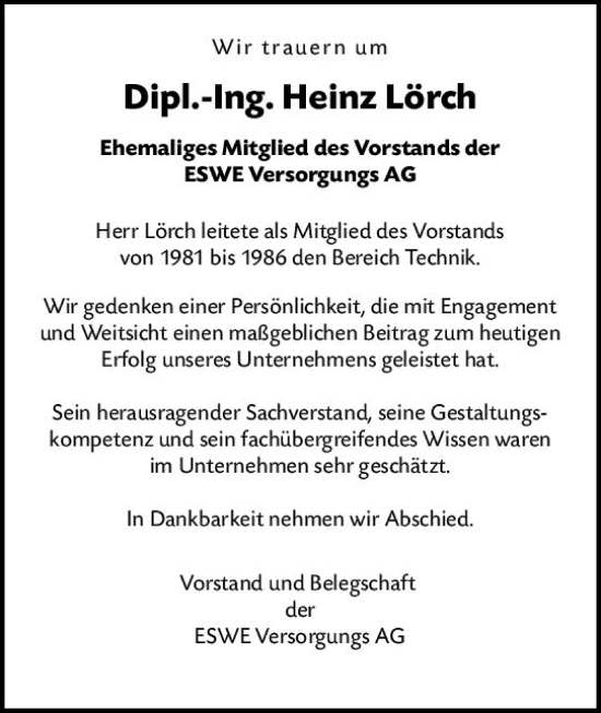 Traueranzeige von Heinz Lörch von Wiesbadener Kurier