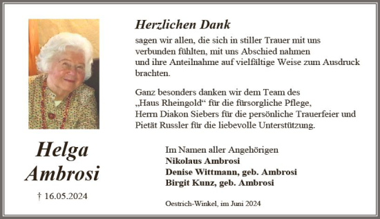 Traueranzeige von Helga Ambrosi von Rheingau Kurier