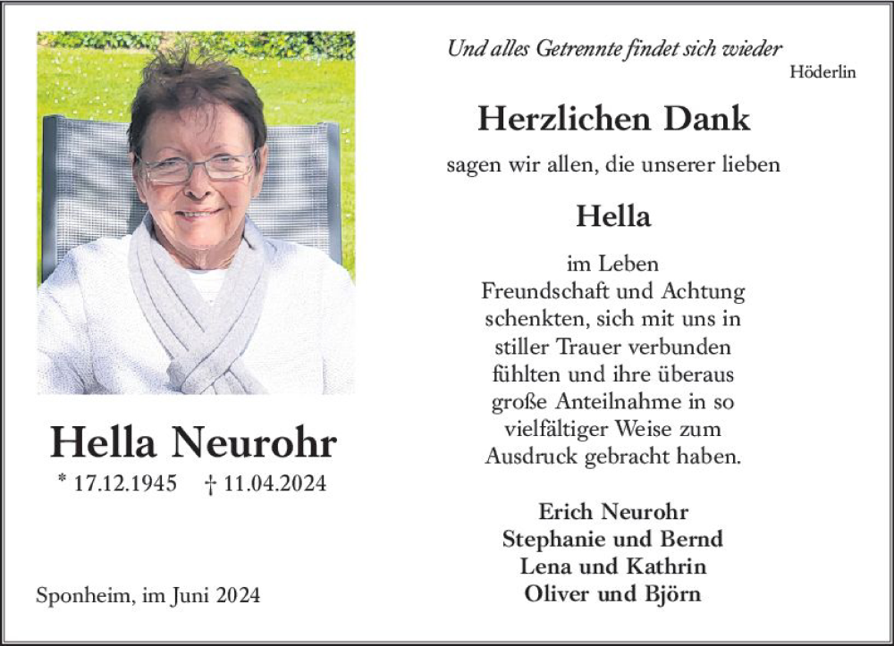  Traueranzeige für Hella Neurohr vom 08.06.2024 aus Allgemeine Zeitung Bad Kreuznach