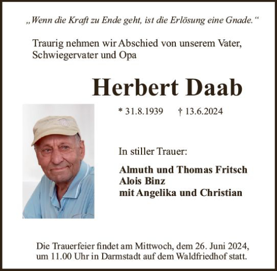 Traueranzeige von Herbert Daab von Darmstädter Echo