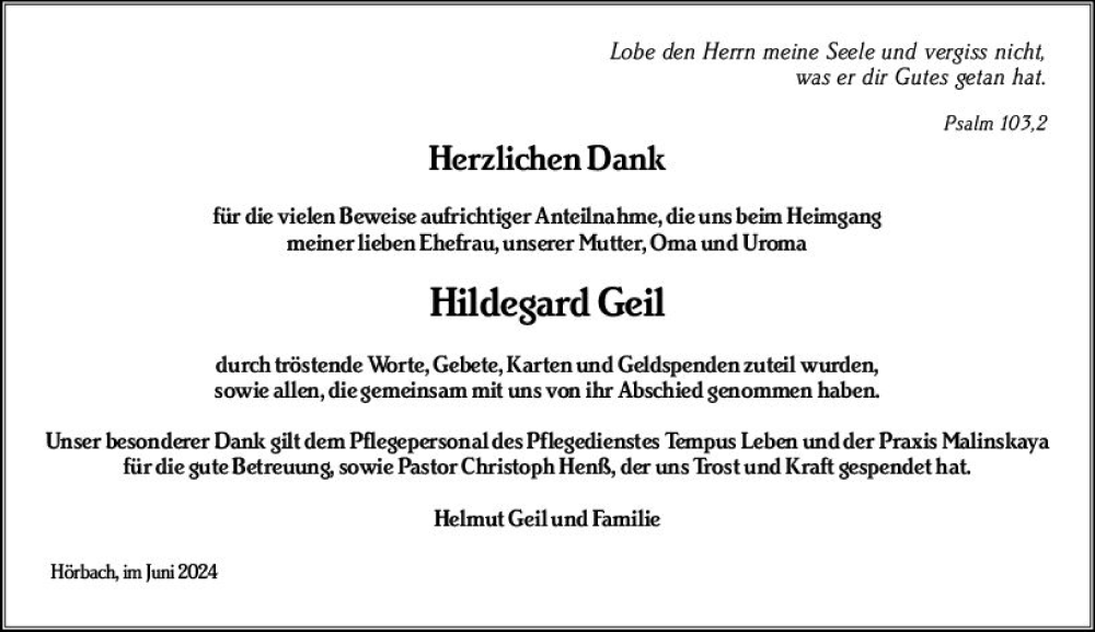  Traueranzeige für Hildegard Geil vom 22.06.2024 aus Dill Block