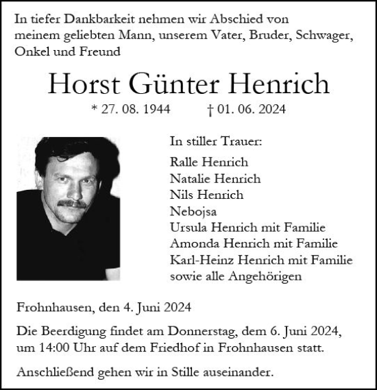 Traueranzeige von Horst Günter Henrich von Dill Block