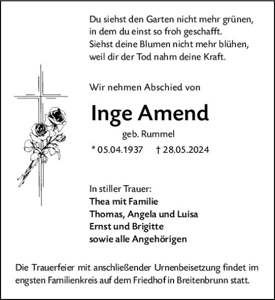 Traueranzeige von Inge Amend von Odenwälder Echo