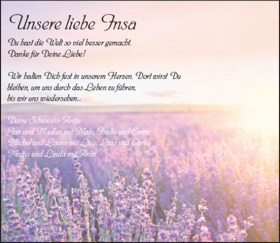 Traueranzeige von Insa  von Hinterländer Anzeiger