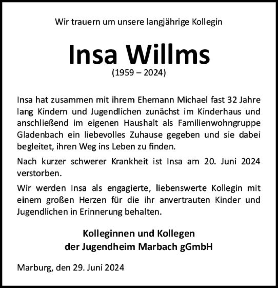  Traueranzeige für Insa Willms vom 29.06.2024 aus Hinterländer Anzeiger