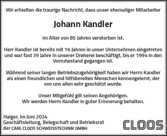 Traueranzeige von Johann Kandler von Dill Block