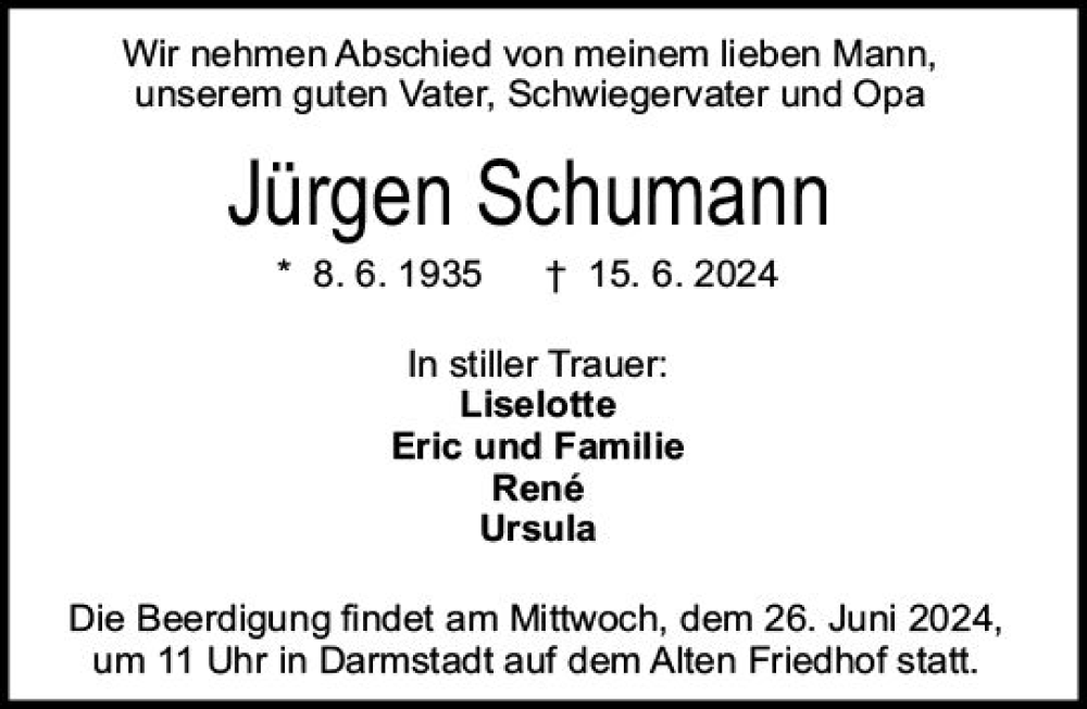  Traueranzeige für Jürgen Schumann vom 22.06.2024 aus Darmstädter Echo