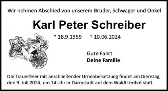 Traueranzeige von Karl Peter Schreiber von Darmstädter Echo