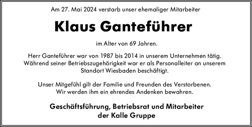  Traueranzeige für Klaus Ganteführer vom 08.06.2024 aus Wiesbadener Kurier