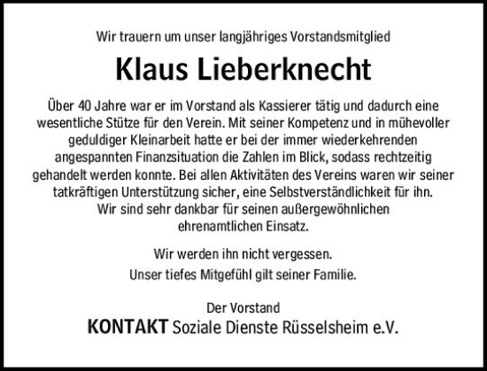 Traueranzeige von Klaus Lieberknecht von Rüsselsheimer Echo