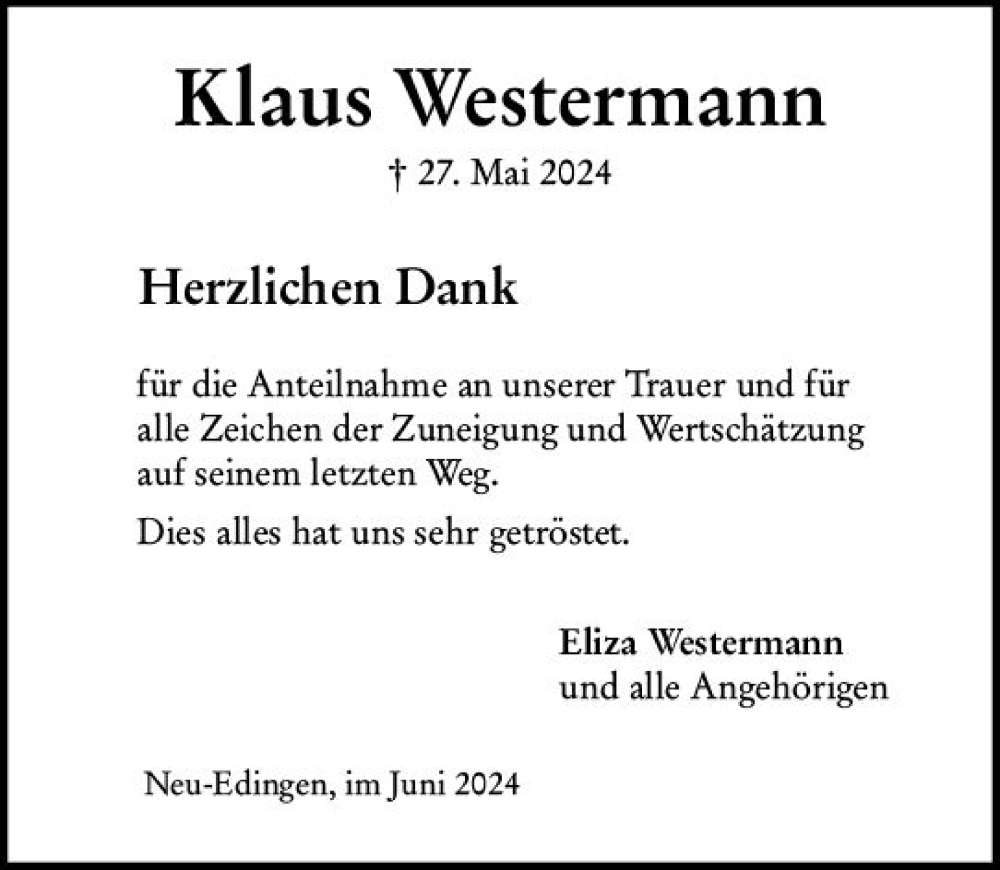  Traueranzeige für Klaus Westermann vom 15.06.2024 aus Wormser Zeitung