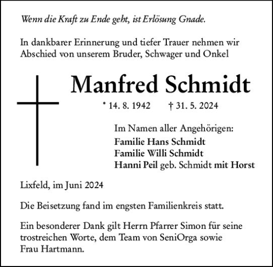 Traueranzeige von Manfred Schmidt von Hinterländer Anzeiger