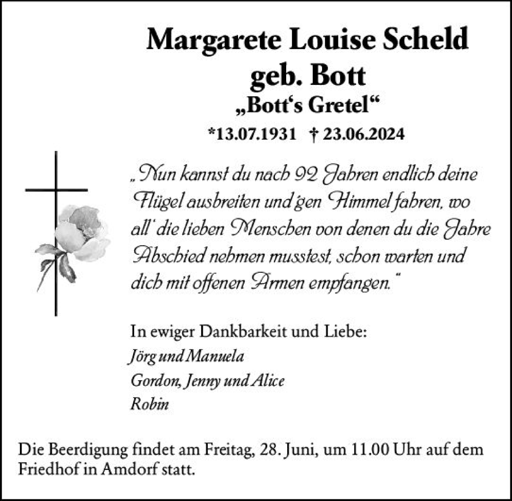  Traueranzeige für Margarete Louise Scheld vom 26.06.2024 aus Dill Block