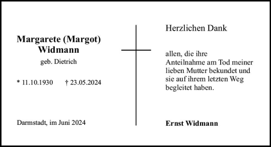 Traueranzeige von Margarethe Widmann von Darmstädter Echo
