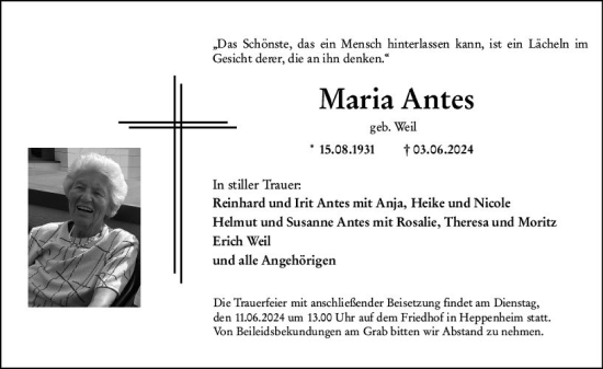 Traueranzeige von Maria Antes von Starkenburger Echo