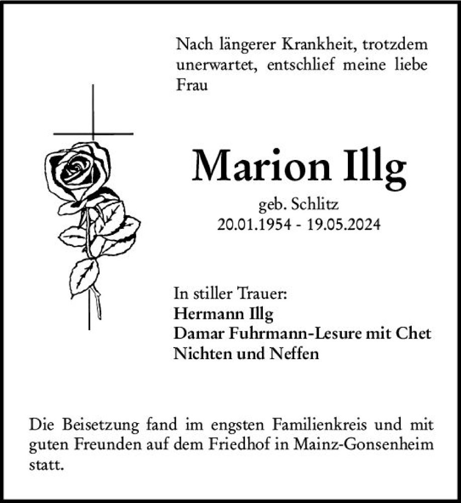  Traueranzeige für Marion Illg vom 15.06.2024 aus Allgemeine Zeitung Mainz