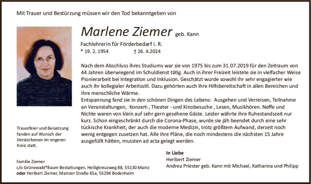  Traueranzeige für Marlene Ziemer vom 29.06.2024 aus Allgemeine Zeitung Mainz