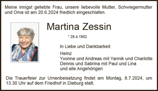 Traueranzeige von Martina Zessin von Dieburger Anzeiger/Groß-Zimmerner Lokal-Anzeiger