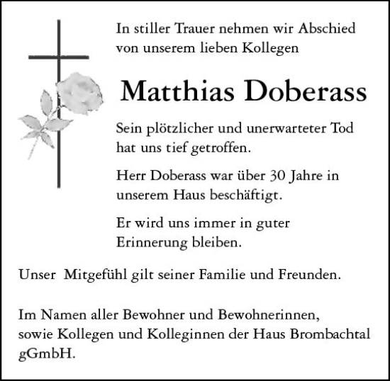 Traueranzeige von Matthias Doberass von Odenwälder Echo