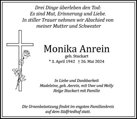 Traueranzeige von Monika Anrein von Wiesbadener Kurier