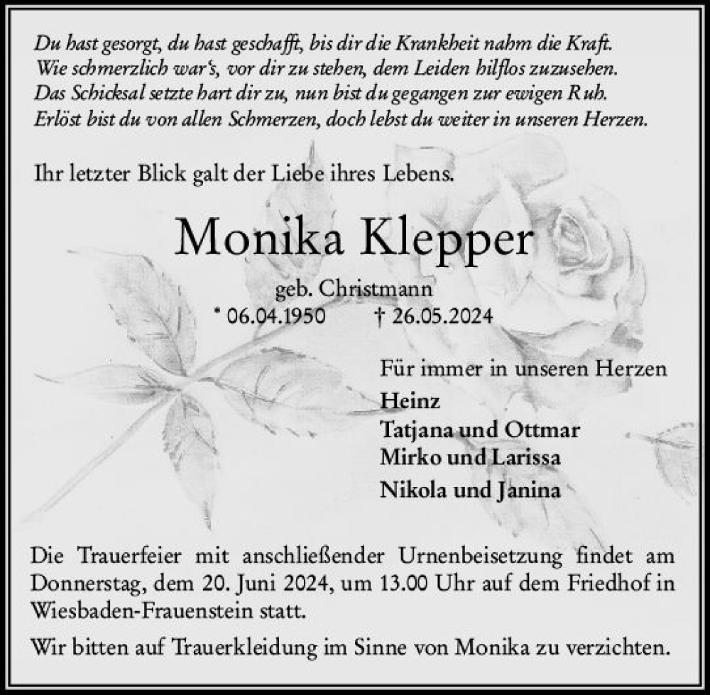  Traueranzeige für Monika Klepper vom 15.06.2024 aus Wiesbadener Kurier