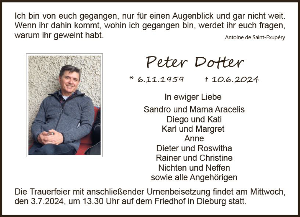  Traueranzeige für Peter Dotter vom 22.06.2024 aus Dieburger Anzeiger/Groß-Zimmerner Lokal-Anzeiger