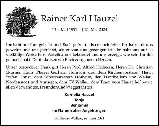 Traueranzeige von Rainer Karl Hauzel von Wiesbadener Kurier