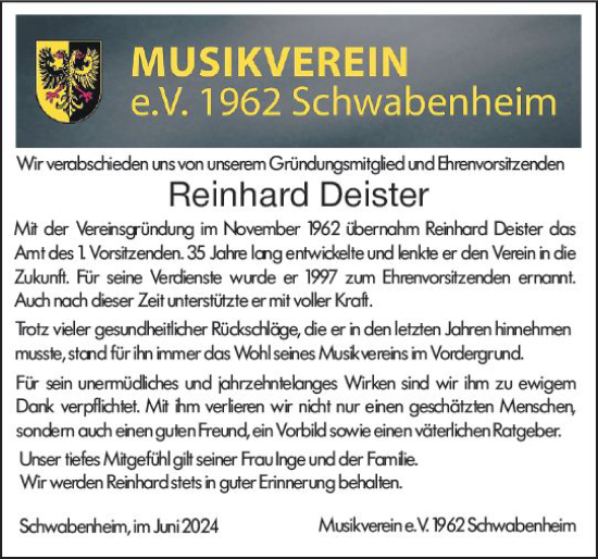 Traueranzeige von Reinhard Deister von Allgemeine Zeitung Bingen/Ingelheim