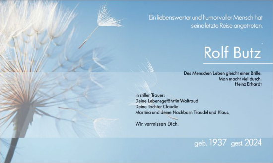 Traueranzeige von Rolf Butz von Darmstädter Echo