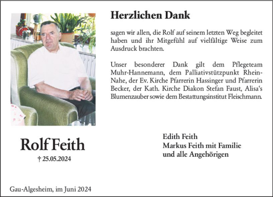 Traueranzeige von Rolf Feith von Allgemeine Zeitung Bingen/Ingelheim