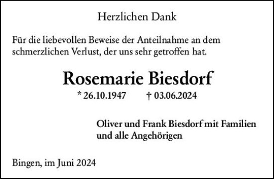 Traueranzeige von Rosemarie Biesdorf von Allgemeine Zeitung Bingen/Ingelheim