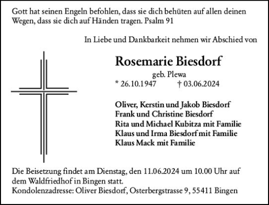 Traueranzeige von Rosemarie Biesdorf von Allgemeine Zeitung Bingen/Ingelheim