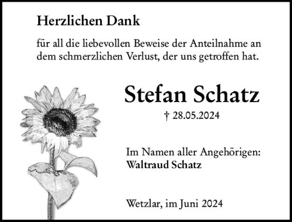  Traueranzeige für Stefan Schatz vom 22.06.2024 aus Wetzlarer Neue Zeitung