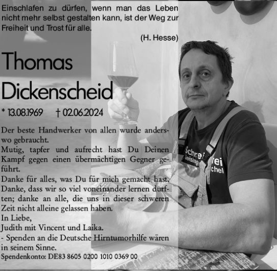 Traueranzeige von Thomas Dickenscheid von Allgemeine Zeitung Mainz