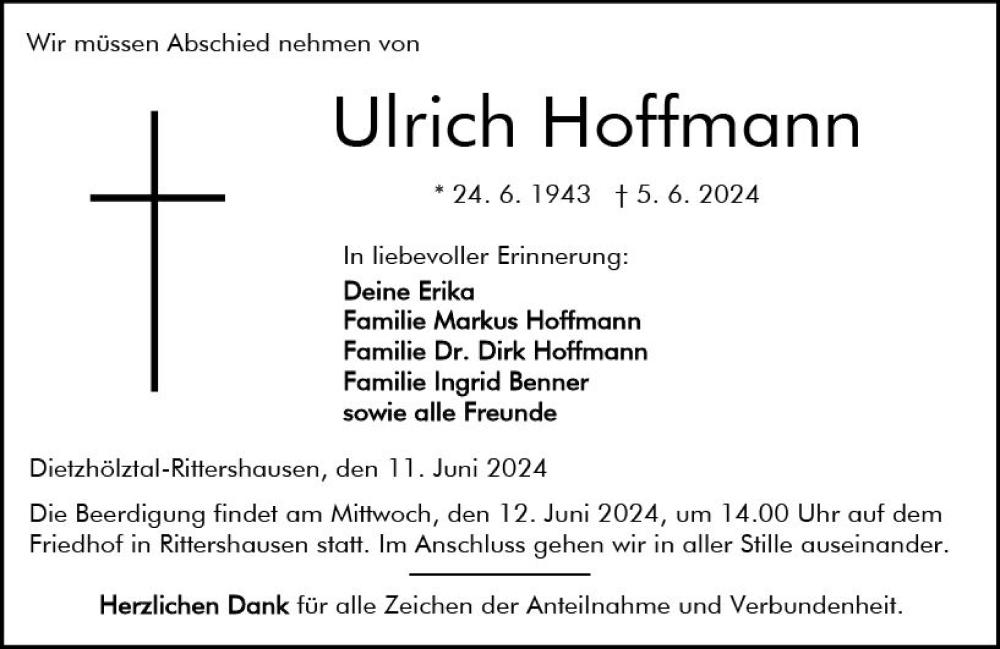  Traueranzeige für Ulrich Hoffmann vom 11.06.2024 aus Dill Block