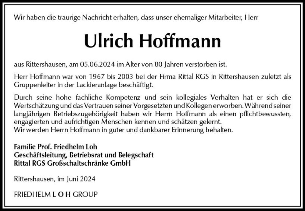  Traueranzeige für Ulrich Hoffmann vom 22.06.2024 aus Dill Block
